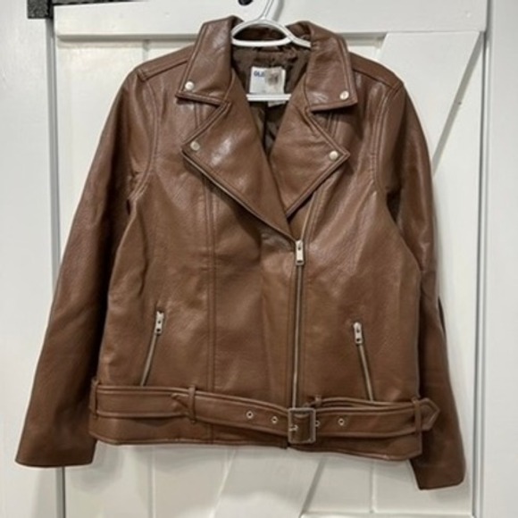 Old Navy Jackets & Blazers - Old Navy Womens Motto Jacket Large NWT Brown Faux Leather Zip Trucker Belt Biker
